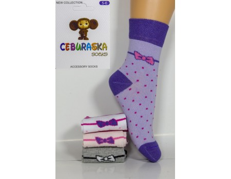 Стрейчевые детские носки CEBURASKA Socks высокие Арт.: 0527-2 / Бант + мелкий горошек /