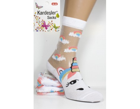 Стрейчевые женские носки на французской микросетке KARDESLER средней длины Арт.: 3028-2 / Единорог /