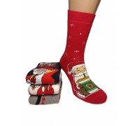 Махровые новогодние женские носки KARDESLER высокие Арт: 1619-3 / Санта c кофе /