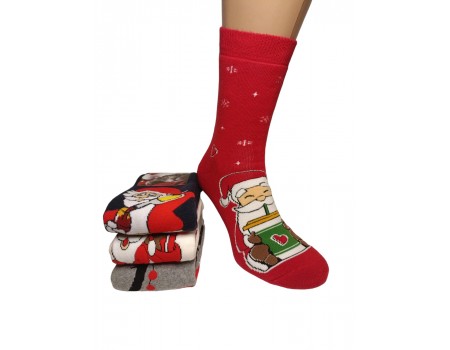 Махровые новогодние женские носки KARDESLER высокие Арт: 1619-3 / Санта c кофе /
