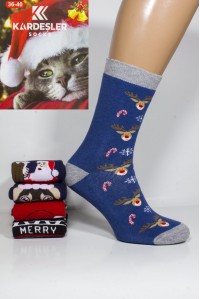 Махровые женские новогодние носки KARDESLER высокие Арт.: 1619-2 / Собака + Олени + Merry Crimbo + Дед мороз /
