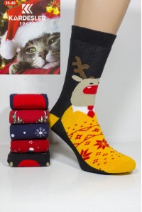 Махровые женские новогодние носки KARDESLER высокие Арт.: 1619-3 / Олень в свитере + Дед мороз /