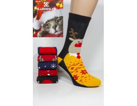 Махровые женские новогодние носки KARDESLER высокие Арт.: 1619-3 / Олень в свитере + Дед мороз /